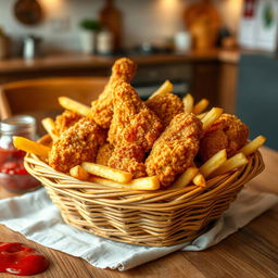 A delicious serving of crispy fried chicken and golden French fries presented beautifully in a rustic wicker basket