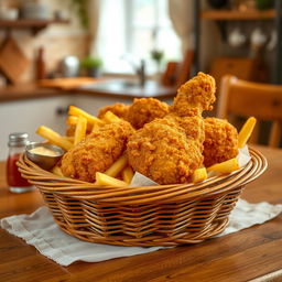 A delicious serving of crispy fried chicken and golden French fries presented beautifully in a rustic wicker basket
