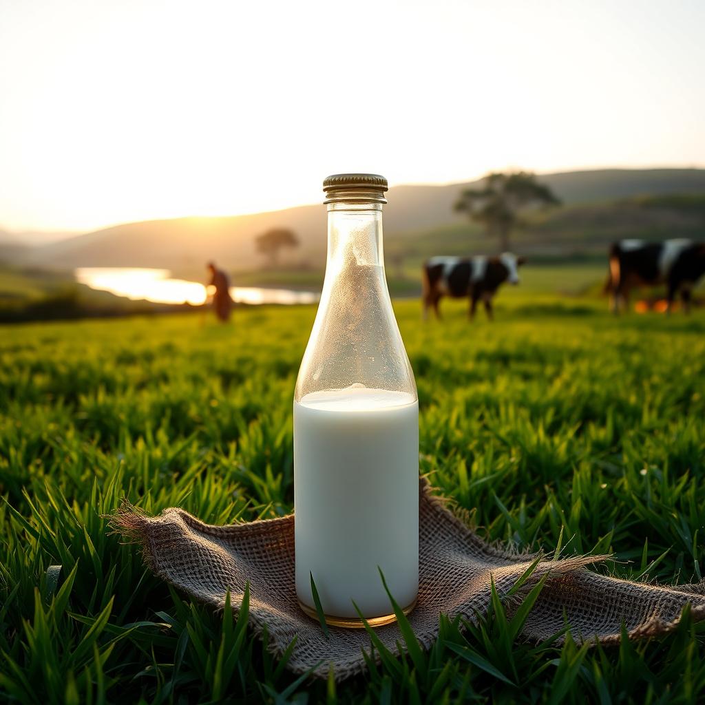 A glass milk bottle with a golden cap positioned on a jute sheet laid on lush green grass, set against the backdrop of a serene cow farm at sunrise