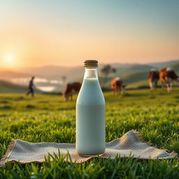 A glass milk bottle with a golden cap positioned on a jute sheet laid on lush green grass, set against the backdrop of a serene cow farm at sunrise