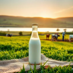 A glass milk bottle with a golden cap positioned on a jute sheet laid on lush green grass, set against the backdrop of a serene cow farm at sunrise