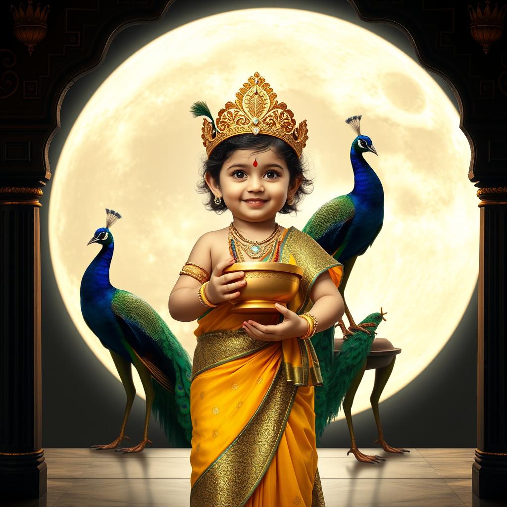 A portrait of a young Hindu deity standing in front of a full moon