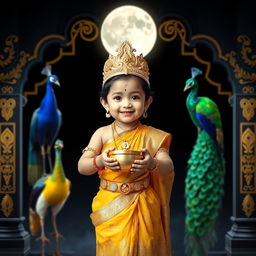 A portrait of a young Hindu deity standing in front of a full moon
