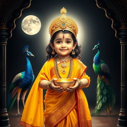 A portrait of a young Hindu deity standing in front of a full moon