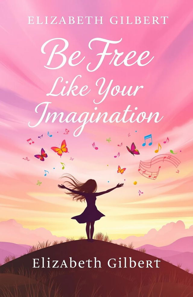 A whimsical and vibrant book cover for an Elizabeth Gilbert novel titled 'Be Free Like Your Imagination'