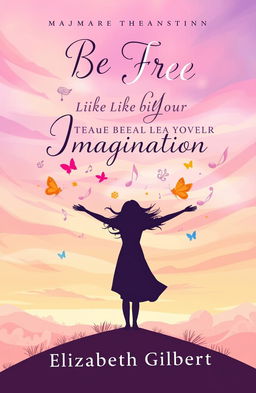 A whimsical and vibrant book cover for an Elizabeth Gilbert novel titled 'Be Free Like Your Imagination'