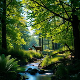 A tranquil forest scene showcasing vibrant green trees with sunlight filtering through the leaves, creating a dappled light effect on the forest floor