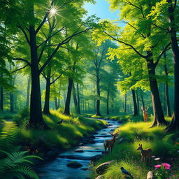 A tranquil forest scene showcasing vibrant green trees with sunlight filtering through the leaves, creating a dappled light effect on the forest floor