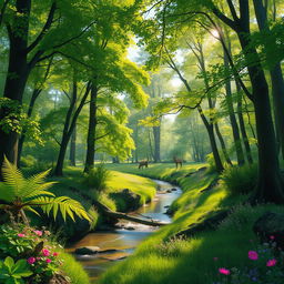 A tranquil forest scene showcasing vibrant green trees with sunlight filtering through the leaves, creating a dappled light effect on the forest floor