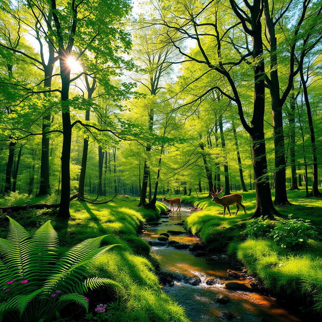 A tranquil forest scene showcasing vibrant green trees with sunlight filtering through the leaves, creating a dappled light effect on the forest floor