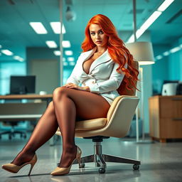 A sexy, beautiful curvy girl with long flame red hair and striking green eyes, sitting confidently on a stylish chair in a contemporary office space
