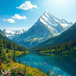 A high-quality, detailed illustration of a majestic mountain landscape, featuring towering peaks with snow caps under a bright blue sky