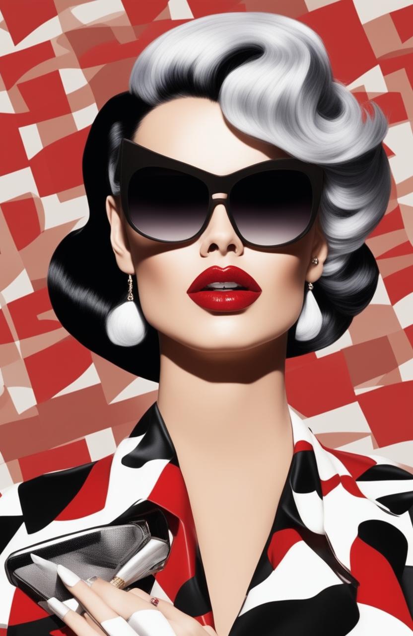 A medium shot in pop art style featuring a tall, elegant half-Greek model with caramel-colored skin, styled in the spirit of Cruella Deville