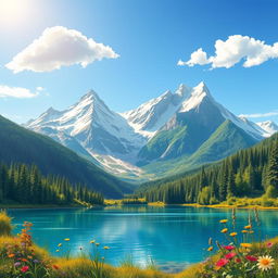 A high-quality, detailed illustration of a majestic mountain landscape, featuring towering peaks with snow caps under a bright blue sky