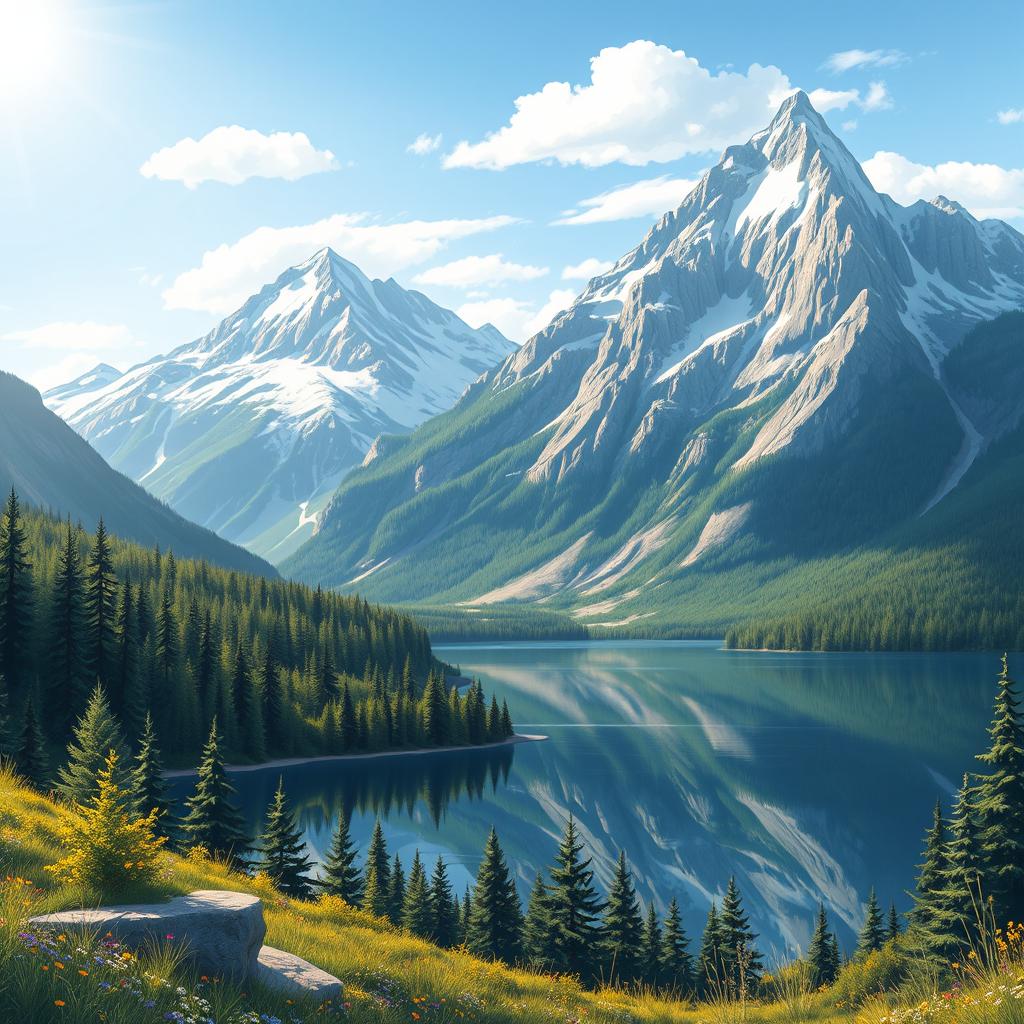 A high-quality, detailed illustration of a majestic mountain landscape, featuring towering peaks with snow caps under a bright blue sky