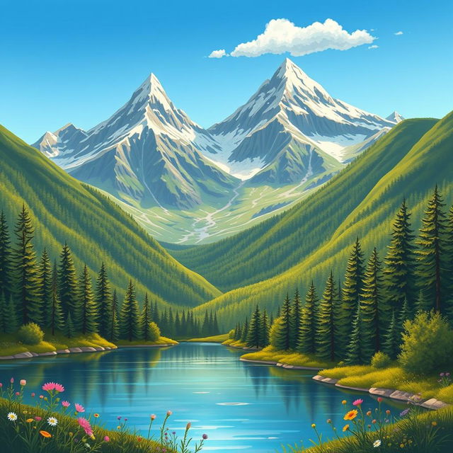 A high-quality, detailed illustration of a majestic mountain landscape, featuring towering peaks with snow caps under a bright blue sky