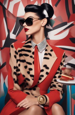 A medium shot in pop art style featuring a tall, elegant half-Greek model with caramel-colored skin, styled in the spirit of Cruella Deville