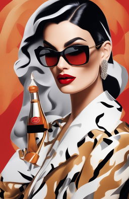 A medium shot in pop art style featuring a tall, elegant half-Greek model with caramel-colored skin, styled in the spirit of Cruella Deville