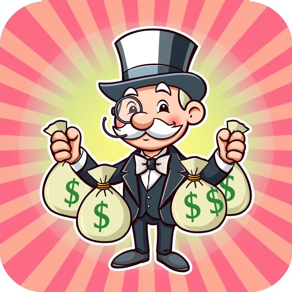 An original cartoon man inspired by the Monopoly Man, featuring a cheerful expression, a top hat, and a monocle