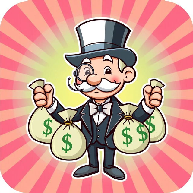 An original cartoon man inspired by the Monopoly Man, featuring a cheerful expression, a top hat, and a monocle