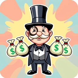 An original cartoon man inspired by the Monopoly Man, featuring a cheerful expression, a top hat, and a monocle