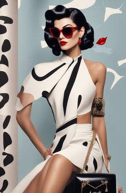 A medium shot in pop art style featuring a tall, elegant half-Greek model with caramel-colored skin, styled in the spirit of Cruella Deville