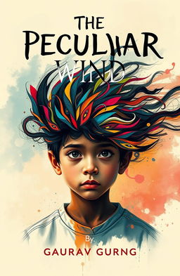 An abstract poster titled 'The Peculiar Wind' featuring a young boy at the center, his head vividly filled with swirling colors and shapes representing turmoil, chaos, and confusion