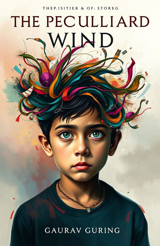 An abstract poster titled 'The Peculiar Wind' featuring a young boy at the center, his head vividly filled with swirling colors and shapes representing turmoil, chaos, and confusion