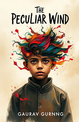 An abstract poster titled 'The Peculiar Wind' featuring a young boy at the center, his head vividly filled with swirling colors and shapes representing turmoil, chaos, and confusion