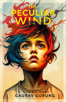 An abstract poster titled 'The Peculiar Wind' featuring a young boy at the center, his head vividly filled with swirling colors and shapes representing turmoil, chaos, and confusion