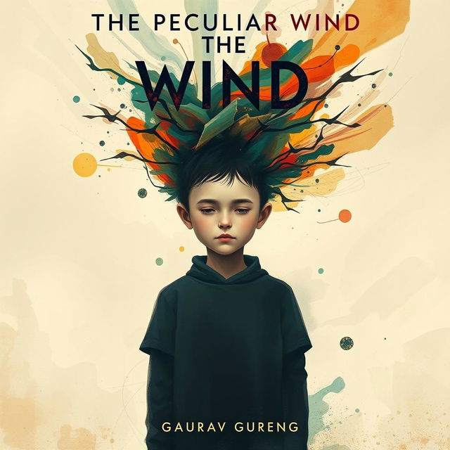 An abstract poster titled 'The Peculiar Wind' featuring a young boy at the center with a blank, expressionless face, symbolizing inner turmoil