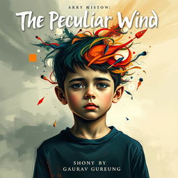 An abstract poster titled 'The Peculiar Wind' featuring a young boy at the center with a blank, expressionless face, symbolizing inner turmoil