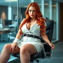 A sexy, beautiful, curvy, very voluptuous girl with long flame red hair and captivating green eyes, sitting enticingly on a stylish office chair in a modern office environment