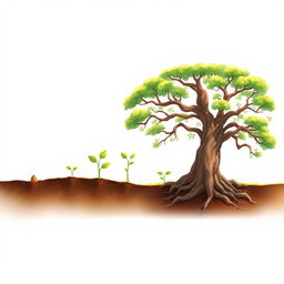 A beautiful series of illustrations depicting growth and transformation: starting with a tiny seed in rich soil, then moving through stages of a sprout breaking through the earth, followed by a young plant with green leaves, and culminating in a majestic, fully-grown tree with sprawling branches and vibrant foliage under a clear blue sky