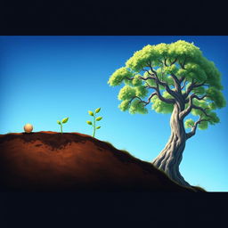 A beautiful series of illustrations depicting growth and transformation: starting with a tiny seed in rich soil, then moving through stages of a sprout breaking through the earth, followed by a young plant with green leaves, and culminating in a majestic, fully-grown tree with sprawling branches and vibrant foliage under a clear blue sky