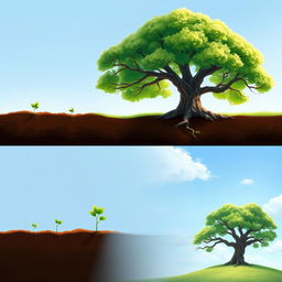 A beautiful series of illustrations depicting growth and transformation: starting with a tiny seed in rich soil, then moving through stages of a sprout breaking through the earth, followed by a young plant with green leaves, and culminating in a majestic, fully-grown tree with sprawling branches and vibrant foliage under a clear blue sky