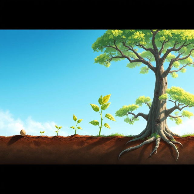 A beautiful series of illustrations depicting growth and transformation: starting with a tiny seed in rich soil, then moving through stages of a sprout breaking through the earth, followed by a young plant with green leaves, and culminating in a majestic, fully-grown tree with sprawling branches and vibrant foliage under a clear blue sky