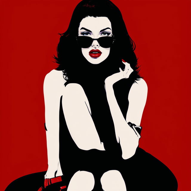 A pop art style digital art image of a half Greek model with Cruella Deville-inspired hair and Prada high-end fashion