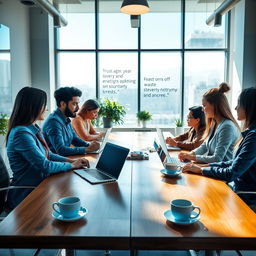 A professional and eye-catching LinkedIn profile cover photo showcasing a modern office environment with a diverse group of HR professionals engaged in a collaborative meeting