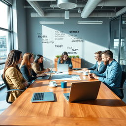 A professional and eye-catching LinkedIn profile cover photo showcasing a modern office environment with a diverse group of HR professionals engaged in a collaborative meeting