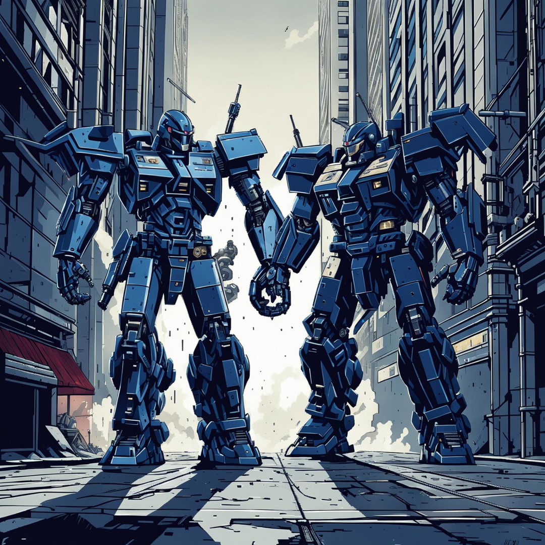 A high-quality digital rendering of a thrilling battle between two distinct mech suits in a futuristic city