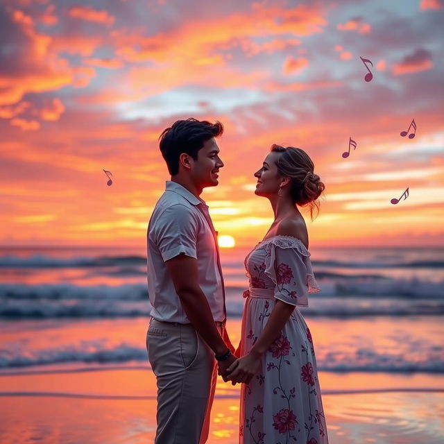 A romantic scene depicting two lovers gazing deeply into each other's eyes, surrounded by a beautiful sunset over a serene beach