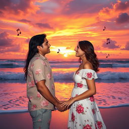 A romantic scene depicting two lovers gazing deeply into each other's eyes, surrounded by a beautiful sunset over a serene beach