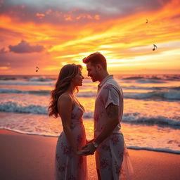 A romantic scene depicting two lovers gazing deeply into each other's eyes, surrounded by a beautiful sunset over a serene beach