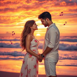 A romantic scene depicting two lovers gazing deeply into each other's eyes, surrounded by a beautiful sunset over a serene beach