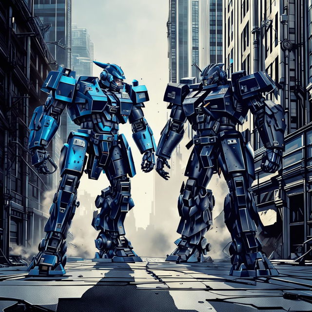 A high-quality digital rendering of a thrilling battle between two distinct mech suits in a futuristic city