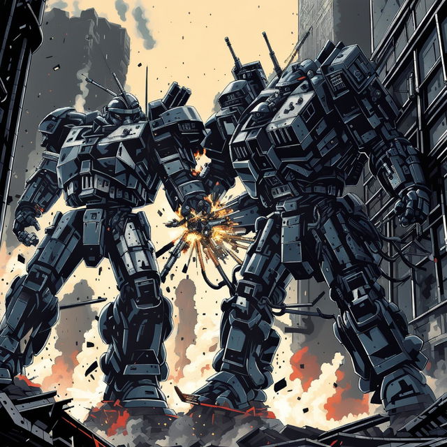 A high-quality digital art image depicting an intense battle between two mech suit warriors