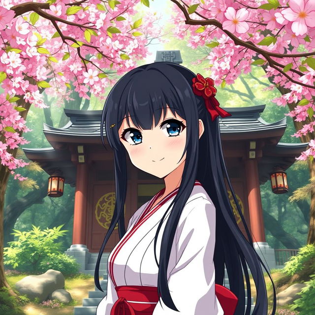 An 18-year-old female shrine maiden anime character with long flowing black hair and captivating dark blue eyes, smiling mischievously in front of a traditional Shinto shrine situated in the heart of a lush, vibrant forest