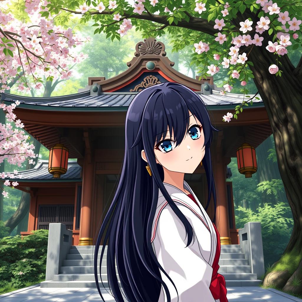 An 18-year-old female shrine maiden anime character with long flowing black hair and captivating dark blue eyes, smiling mischievously in front of a traditional Shinto shrine situated in the heart of a lush, vibrant forest