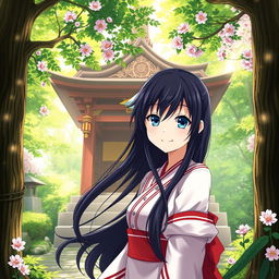 An 18-year-old female shrine maiden anime character with long flowing black hair and captivating dark blue eyes, smiling mischievously in front of a traditional Shinto shrine situated in the heart of a lush, vibrant forest